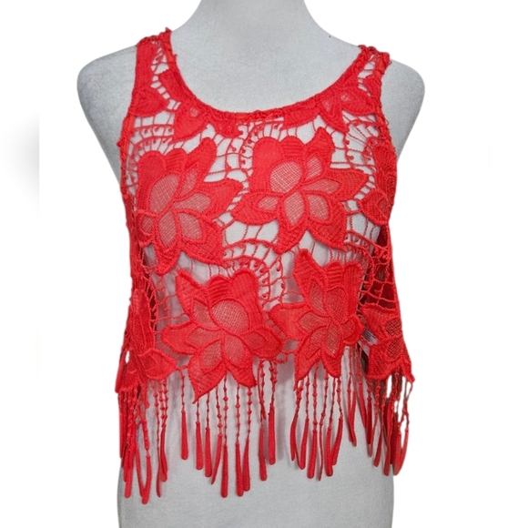 H&M×COACHELLA Vibrant Red Lace sleeveless Top With Fringe Detail. Size 6 - Picture 1 of 11